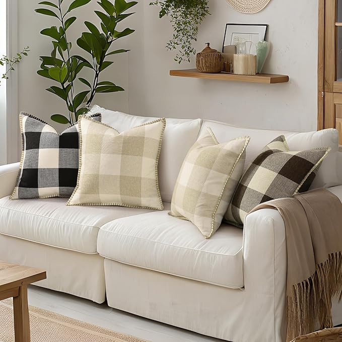 decorUhome Buffalo Plaid Check Throw Pillow Covers 12x20 Set of 2, Outdoor Lumbar Decorative Farmhouse Neutral Pillow Covers with Stitched Edge for Bed Couch Sofa, Brown and Beige-Ruum Studio Home