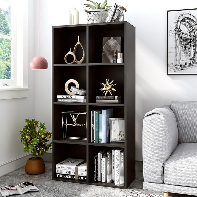 8-Cube Storage Shelf Bookcase - Wooden 4-Tier Floor Standing Open Bookshelf, Modern TV Stand up to 55 Inchs for Home and Office, Black-Ruum Studio Home