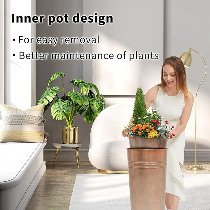 KOL 25'' Tall Galvanized Steel Planter Pot with Water Level Indicator - 2-Pack Self Watering Planters Flower Pot for Plants - Round Powder Metal Planter Box - Indoor Outdoor Grande Plant - Bronze-Ruum Studio Home