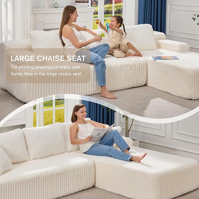 Hobestluk Modular Sectional Sofa Couches 108" L-Shape Couch 3 Seat Modular Sofa Memory Foam Sectional Couches for Living Room, Boneless Couch with Oversized Chaise (White, Right Facing)-Ruum Studio Home