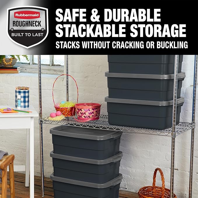Rubbermaid Roughneck Tote 10 Gal, 6 Pack, Made in USA, Black & Gray, Rugged Plastic Stackable Storage Bins with Lids and Handles-Ruum Studio Home