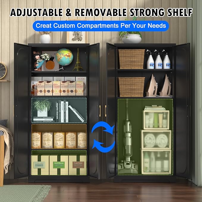 71" Tall Kitchen Pantry Cabinet, Pantry Storage Cabinet with Doors and Shelves, Metal Food Pantry Cabinets with Handles, Black Freestanding Cupboard for Living&Dining Room-Assemble Required-Ruum Studio Home