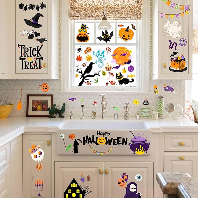 Halloween Window Clings - Halloween Decorations Static Window Stickers for Glass, Removable Large Double-Sided Window Decals for Indoor Home Decor, Bat Fall Cute Party Gift, 65 PCS/9 Sheet-Ruum Studio Home