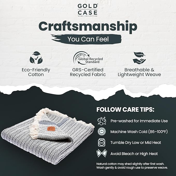 Gold Case Throw Blanket for Couch – 100% Recycled Turkish Cotton Blankets & Throws – Elegant Decorative Throw Blankets for Living Room Sofa – Woven Throws for Couch – Vintage Navy Blue – 50x60-Ruum Studio Home