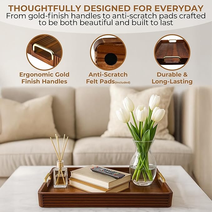 Acacia Wood Serving Tray with Metal Handles – 17x12in Rustic Decorative Ottoman & Coffee Table Tray for Breakfast in Bed, Dinner, Bar, Kitchen, Home Décor & Entertaining-Ruum Studio Home