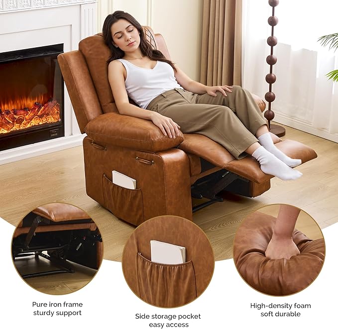 Recliner Chair with Electric Massage Adjustable Footrest & Heat, Manual Leather Recline for Adults Living Room Remote Control (Chestnut Brown)-Ruum Studio Home