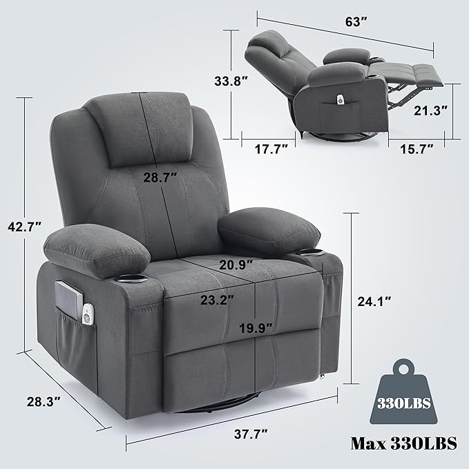 Oversized Swivel Rocker Recliner Chair with Heat and Massage, 360 Degree Swivel Rocking Single Sofa with Cup Holders and USB Port, Big Large Recliner Chair for Living Room (Fabric, Darkgrey)-Ruum Studio Home