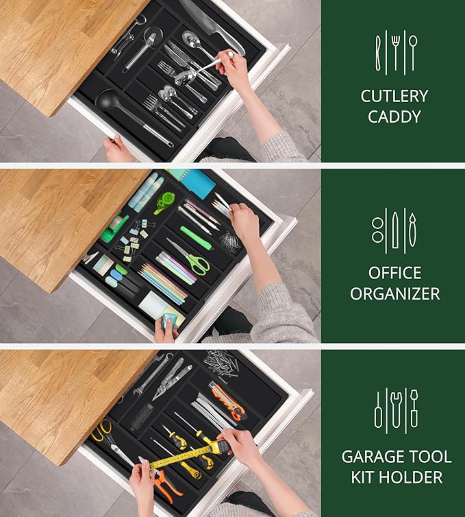 ROYAL CRAFT WOOD Luxury Bamboo Kitchen Drawer Organizer - Silverware Organizer - Utensil Holder and Cutlery Tray with Grooved Drawer Dividers for Flatware and Kitchen Utensils (9 Slot, Black)-Ruum Studio Home