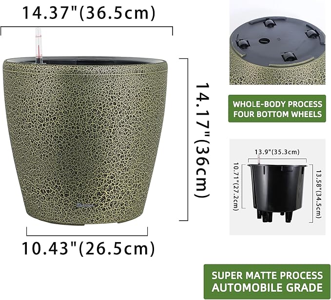 Dexceder 15x14 Self Watering Planter with Wheels Indoor Outdoor, Inner Pot Design, Thickened Large Floor Standing Flower Plant Pot with Water Level Indicator (Black Gold Crackle)-Ruum Studio Home