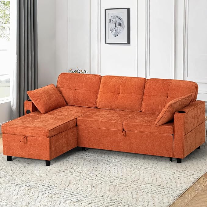 84 Inches Chenille Sectional Sofa w/Pull-Out Sofa Bed & Adjustable Back, Tufted L-Shaped Couch w/Storage Chaise, Sleeper Sectional Sofa w/USB Port & Cup Holders for Living Room, Orange-Ruum Studio Home