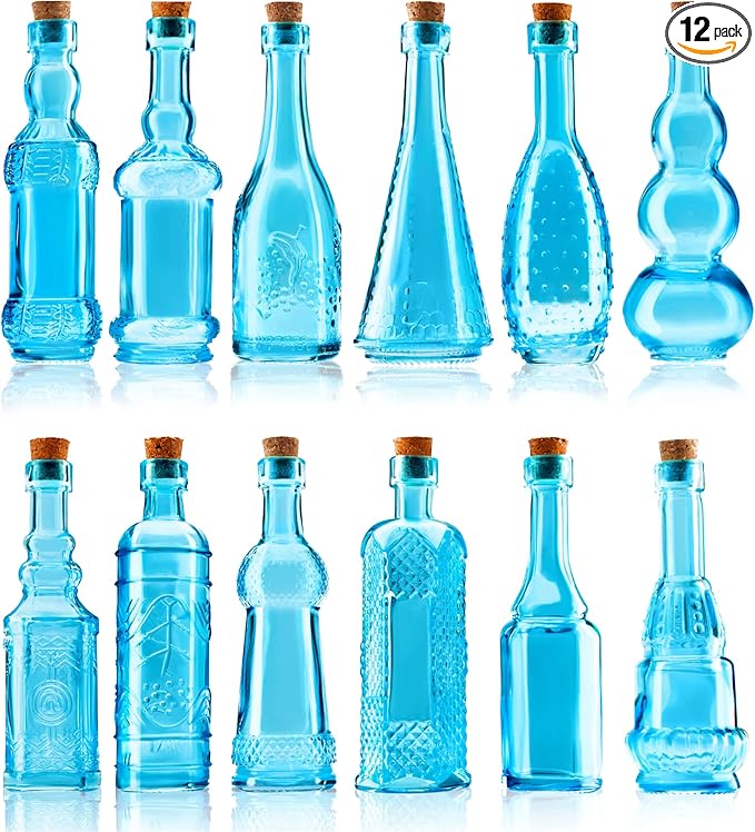 Small Blue Vintage Glass Bottles with Corks, Mini Vases, Decorative, Potion, Assorted Design Set of 12 pcs, 4.6 Inch Tall (11.43cm), 1.4 Inch Wide (3.56cm)-Ruum Studio Home