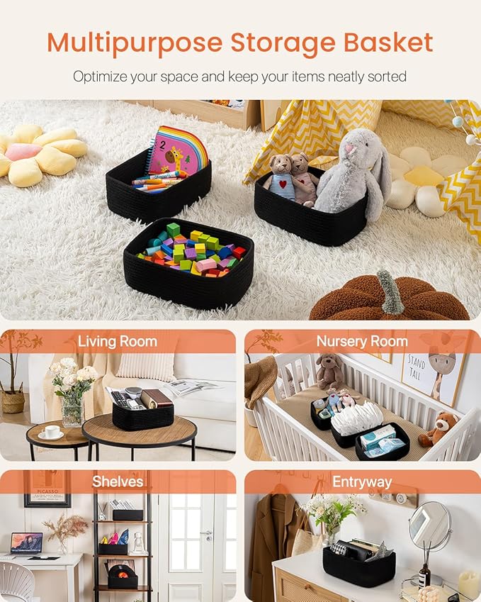 KALLAX Small Woven Basket, 12 x 8 x 4.5 Inches, Storage Basket for Organizing, Cute Small Rope Shelf Closet Cube Storage Bins Baskets for Shelves, Dog Toy Gift Baskets Empty, 3 Packs, Black-Ruum Studio Home
