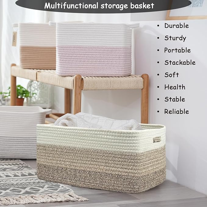 COMFY-HOMI Cotton Rope Woven Basket with Handles for Shelves,Toys,Book, Cloth Storage Baskets for Organizing-17" x 13" x 7.5" Toy Decorative Organizer for Living Room, Bathroom （white/3 brown）-Ruum Studio Home