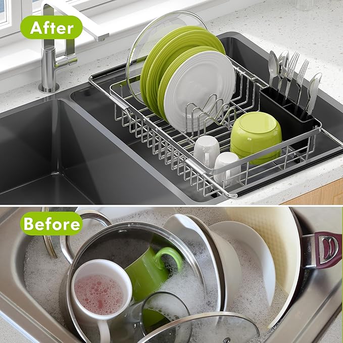 Dish Drying Rack in Sink, Expandable Stainless Steel Dish Drainer for Kitchen Sink, Dish Strainer Rack, Retractable Over Sink Dish Rack with Utensil Holder, 13.1''~16.6''D x 11.8''W, Silver-Ruum Studio Home