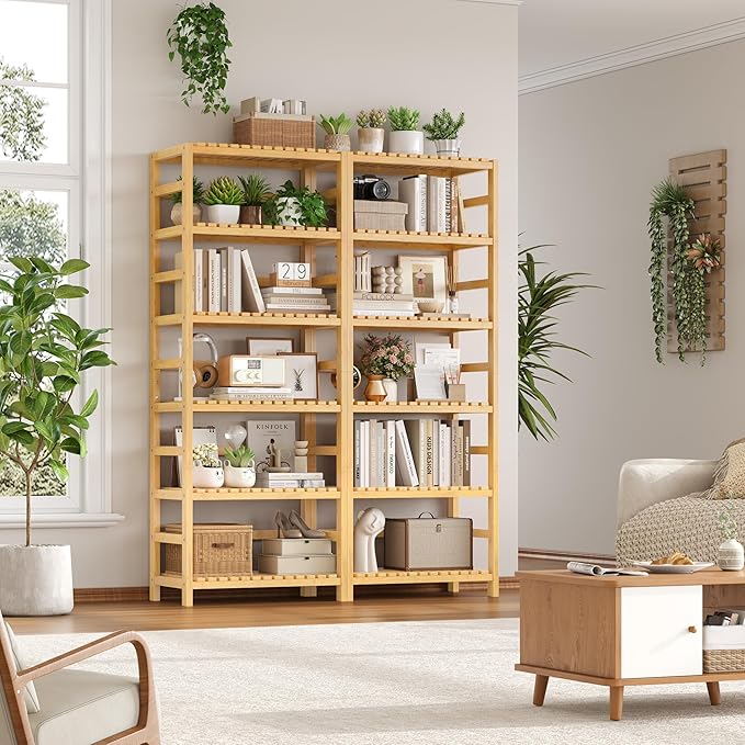 FOTOSOK 6-Tier Bamboo Shelf, Bamboo Bookcase with Adjustable Shelves, Free Standing Storage Shelf Unit, Plant Flower Stand for Kitchen, Bathroom, Home Office, Natural-Ruum Studio Home