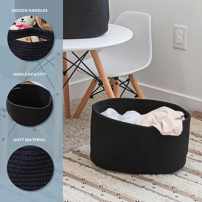 OrganiHaus Woven Storage Baskets for Organizing, Cotton Rope Organizer Bins for Shelves, Closet & Nursery, Dog Toy Basket, Decorative Bins for Toys, Towels & Books - 15x10x9, Black-Ruum Studio Home
