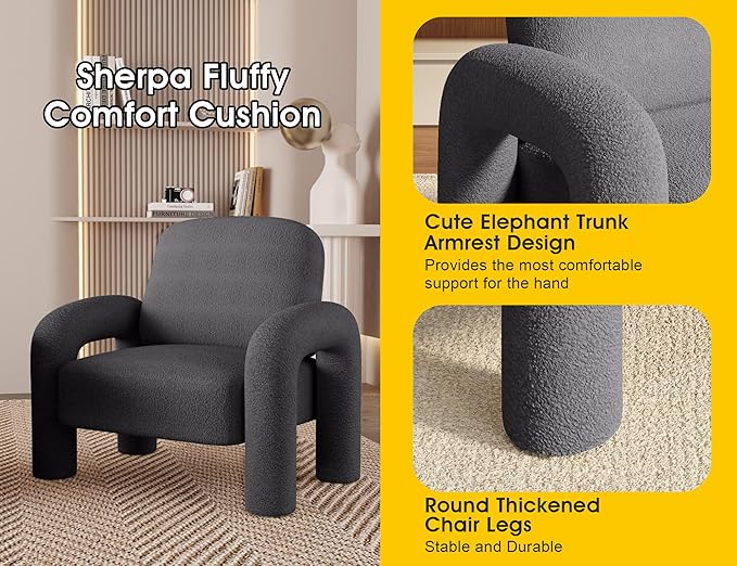 Modern Sherpa Accent Chair, Teddy Upholstered Arm Single Sofa, Cozy Fluffy Reading Chair for Living Room, Bedrooms, Corner (Grey)-Ruum Studio Home