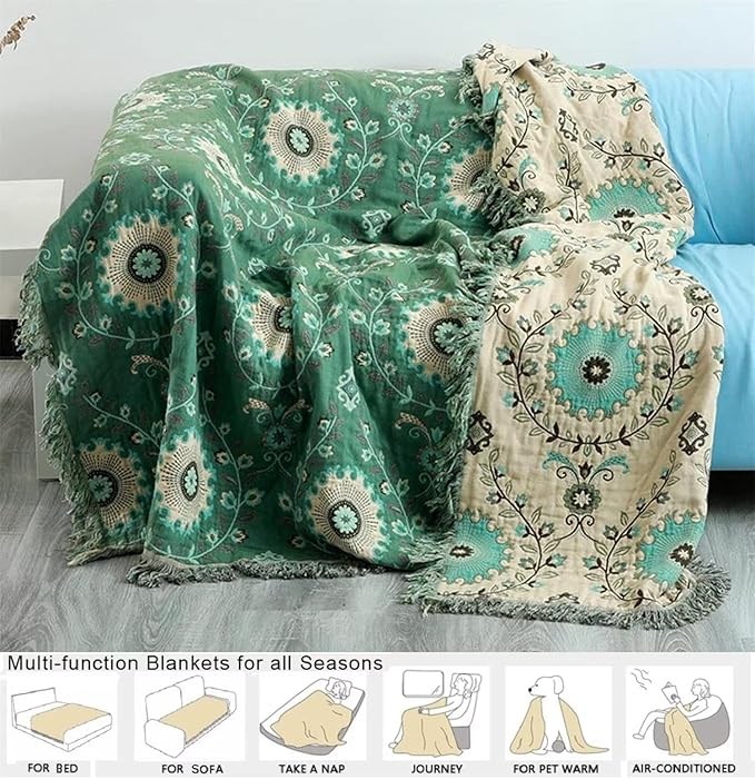 MSGKV Green Boho Throw Blanket for Bed Couch,100% Cotton Mexican Picnic Blankets Travel Blanket 80''x 90'', Super Soft Lightweight Muslin Blanket for Bedroom Living Room Boho Decor-Ruum Studio Home