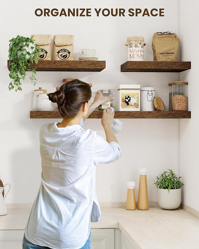 Marsmiles 16" Floating Shelves for Wall, Wooden Shelves with Invisible Brackets Set of 2, Rustic Farmhouse Wall Mounted Shelf for Kitchen Bathroom Living Room Study, Rustic Brown-Ruum Studio Home