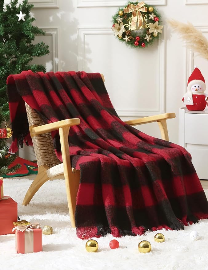 ZonLi Christmas Buffalo Plaid Throw Blanket, 50" x 60" Black and Red Decorative Blankets with Tassel for Couch, Bed, Sofa, Chair, Outdoor, Cozy Warm Lightweight Farmhouse-Ruum Studio Home