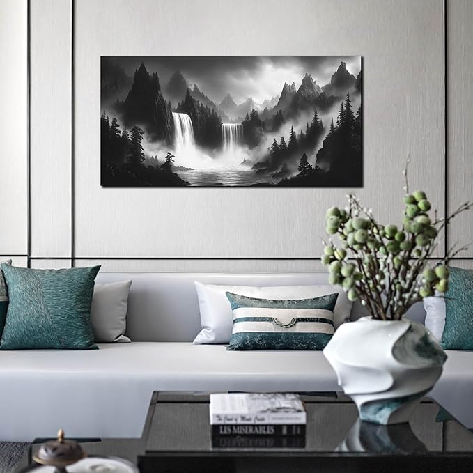 Mountain Wall Pictures for Living Room Decor - Black and White Wall Art Bedroom - Waterfall Canvas Wall Art for Office Size 20" x 40"-Ruum Studio Home