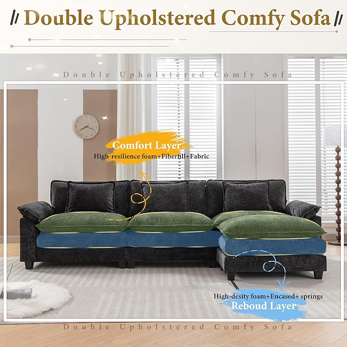 URRED Modular Sectional Sofa Comfy Cloud Couch, Modern Chenille Sofa Sleeper Deep Seat Couches with Ottoman/Pillows for Living Room (Black, 117''- L Shape)-Ruum Studio Home
