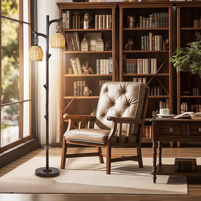 68" High Farmhouse Rustic Country Cottage Floor Lamp Tree Trunk Faux Wood Column Dark Bronze Wicker Drum Shade Decor for Living Room Bedroom Reading Room-Ruum Studio Home