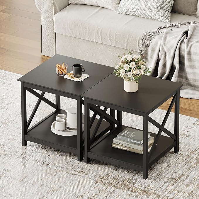 ChooChoo End Table, 24 Inch End Table with 2-Tier Storage Shelf, Side Table for Living Room, Wood Nightstand for Bedroom, Office, Painted Surface, Black-Ruum Studio Home