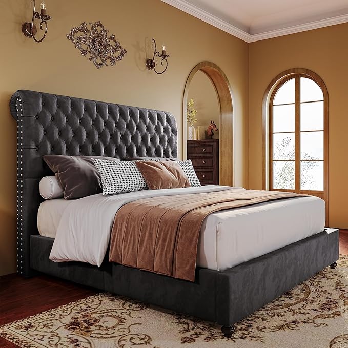 PaPaJet Bed Frame Queen Size Upholstered Platform Bed with 52.8'' Tall Sleigh Headboard, Button Tufted, No Box Spring Needed, Easy Assembly, Dark Grey-Ruum Studio Home