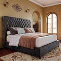 PaPaJet Bed Frame Queen Size Upholstered Platform Bed with 52.8'' Tall Sleigh Headboard, Button Tufted, No Box Spring Needed, Easy Assembly, Dark Grey-Ruum Studio Home
