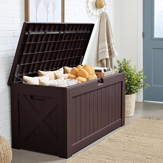 JUMMICO 120 Gallon Resin Deck Box, Large Outdoor Storage Box Waterproof & Lockable for Garden, Patio, Pools (Deep Brown)-Ruum Studio Home