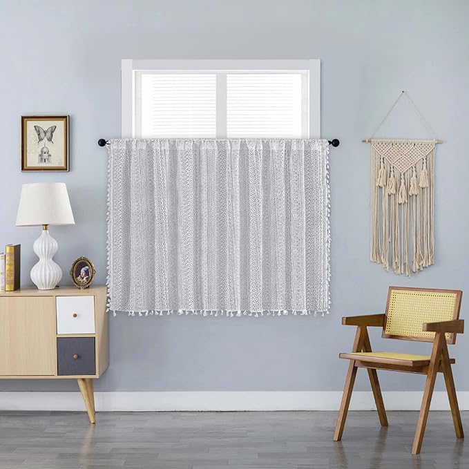 Sutuo Home Boho Sheer Curtain Valance Tier Crochet Lace with Bohemian Hollow Knitted Handmade Tassels, Short Farmhouse Window Treatment for Kitchen Cafe, Rod Pocket, 1 Panel 59" W x 36" L, White-Ruum Studio Home