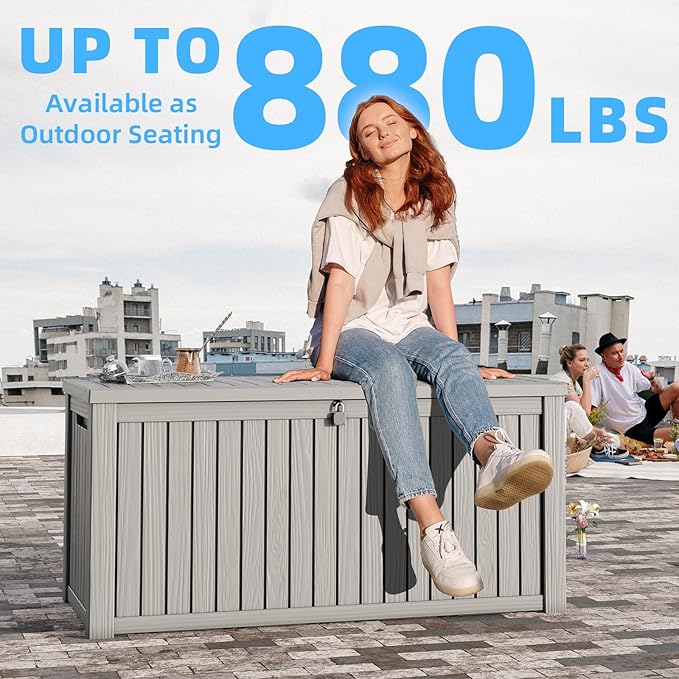 180 Gallon Deck Box,Resin Outdoor Storage Box with Lockable for Patio Furniture, Pool Accessories, Garden Tools Waterproof Outside Storage Box, Grey-Ruum Studio Home