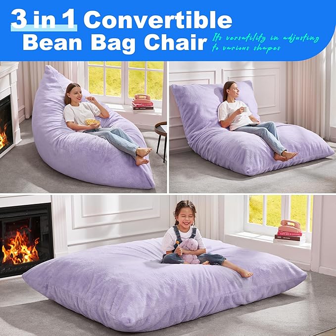 Hobestluk 3 in 1 Bean Bag Chair Giant Bean Bag Chairs for Adults with Plush Faux Fur Cover Convertible Bean Bag Floor Cushion with Machine Washable Cover for Living Room (Plush Purple)-Ruum Studio Home
