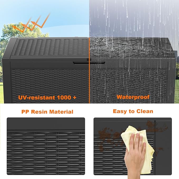 100 Gallon Resin Deck Box, Lockable Patio Outdoor Storage Box for Furniture, Garden Tools and Tools Storage, Waterproof Outside Storage Boxes - Black-Ruum Studio Home