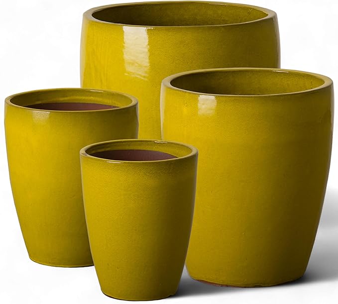 Emissary Home and Garden Bullet 11.5 in. Mustard Yellow Ceramic Round Planter (11.5 in. L x 11.5 in. W x 14 in. H) with Drainage Hole-Ruum Studio Home
