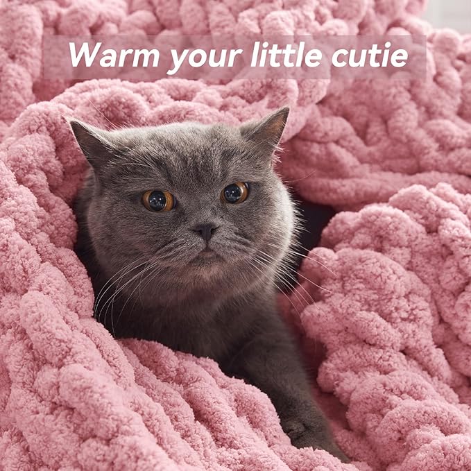 Chunky Knit Throw Blanket, 60''*80'' Knitted Throw Chenille Yarn for Bed Couch, Handmade Light Pink Crochet Big Thick Blanket, Machine Washable Cute Comfy Blanket for Home Decor-Ruum Studio Home