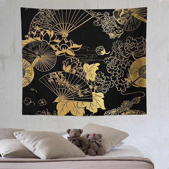 HZOHNAGO Japanese Tapestry Gold Flowers Umbrella Fan Pattern Printed Wall Tapestry Painting Wall Hanging for Bedroom Living Room Dorm 60" W x 50" H-Ruum Studio Home