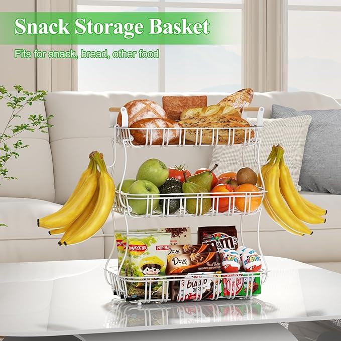 3 Tier Fruit Basket with 2 Banana Hooks, Large Capacity Multifunctional Detachable Sturdy Fruit Bowl with Wooden Handle Mesh Top for Kitchen Counter, for Bread Snacks Vegetables Produce, White-Ruum Studio Home