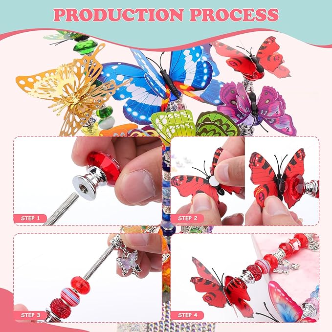 380pcs Beaded Garden Stake, DIY Butterfly Fairy Wand Garden Stake Kit with 10IN Threaded Rod Crystal Stopper Top Large Holes Beads Butterfly Decoration Pendants Outdoor Fairy Garden kit-Ruum Studio Home
