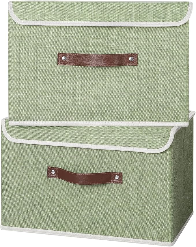 ANMINY 4PCS Storage Bins with Lid PU Leather Handles Storage Boxes PP Plastic Board Decorative Foldable Lidded Cotton Linen Fabric Home Cubes Baskets Closet Organizer Containers - Green, Large Size-Ruum Studio Home