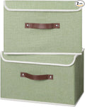ANMINY 2PCS Storage Bins with Lid PU Leather Handles Storage Boxes PP Plastic Board Decorative Foldable Lidded Cotton Linen Fabric Home Cubes Baskets Closet Organizer Containers - Green, Large Size-Ruum Studio Home