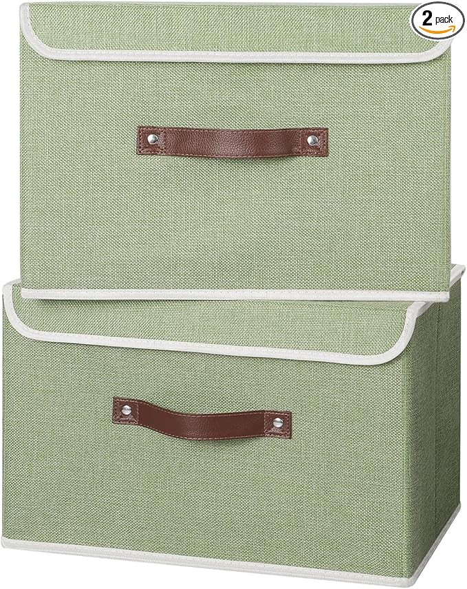 ANMINY 2PCS Storage Bins with Lid PU Leather Handles Storage Boxes PP Plastic Board Decorative Foldable Lidded Cotton Linen Fabric Home Cubes Baskets Closet Organizer Containers - Green, Large Size-Ruum Studio Home