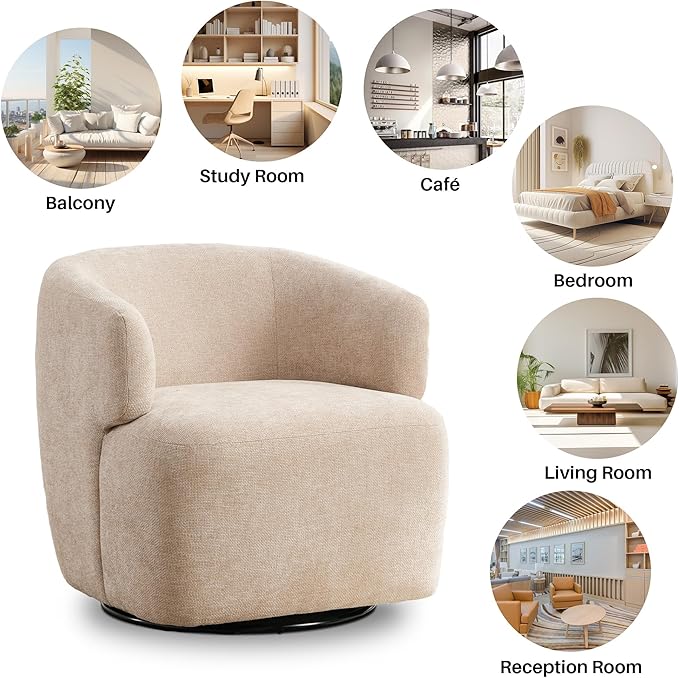 Swivel Accent Chair, Chenille Barrel Chair for Living Room, Cozy Round Boucle Arm Chair, Metal Base for Club Nursery Bedroom, Beige-Ruum Studio Home