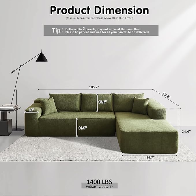 ovios 104" Cloud Sectional Couch with L-Shape Chaise,Modern Modular Sofa with Deep Seat, Upholstered Couches for Living Room Bedroom,No Assembly Required, Green (Cloud Velvet)-Ruum Studio Home