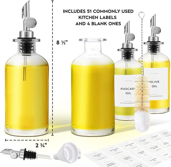 Olive Oil Dispenser Bottle - Includes 55 Kitchen Essential Labels - Cooking Oil Bottles for Kitchen, Coffee Syrup Dispenser - Pourer Spout with 11.8 fl oz Glass Container Cruet - 4pcs Silver-Ruum Studio Home