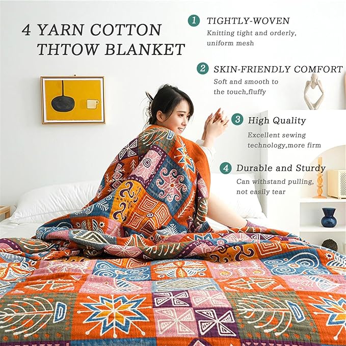 Christmas Cotton Throw Blanket for Couch Bed 60''x80'',Cotton Quilt Boho Throw Blanket Muslin Bed Travel Blanket Vintage Soft Cozy Checkered Blankets Gift for Women-Ruum Studio Home