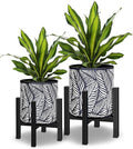 10 & 12 Inches Plant Pot with Stand Set of 2, Decorative Palm Leaves Printing Planter with Holder, Garden Pot for Snake Plant, Monstera, Houseplants - Indoor Outdoor Flower Pots with Drainage Holes-Ruum Studio Home