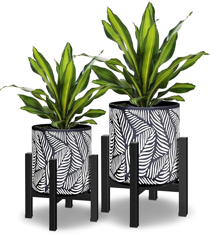 10 & 12 Inches Plant Pot with Stand Set of 2, Decorative Palm Leaves Printing Planter with Holder, Garden Pot for Snake Plant, Monstera, Houseplants - Indoor Outdoor Flower Pots with Drainage Holes-Ruum Studio Home