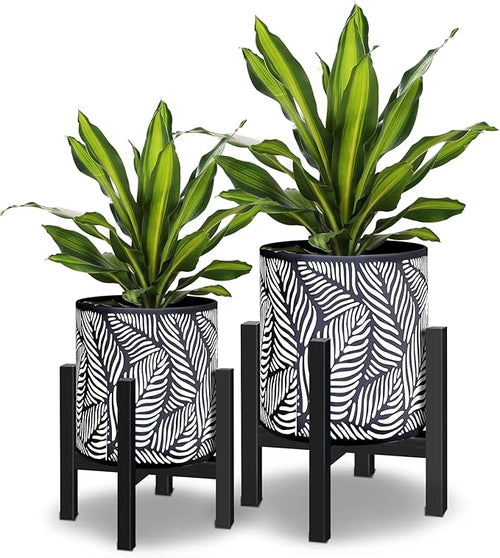 10 & 12 Inches Plant Pot with Stand Set of 2, Decorative Palm Leaves Printing Planter with Holder, Garden Pot for Snake Plant, Monstera, Houseplants - Indoor Outdoor Flower Pots with Drainage Holes-Ruum Studio Home